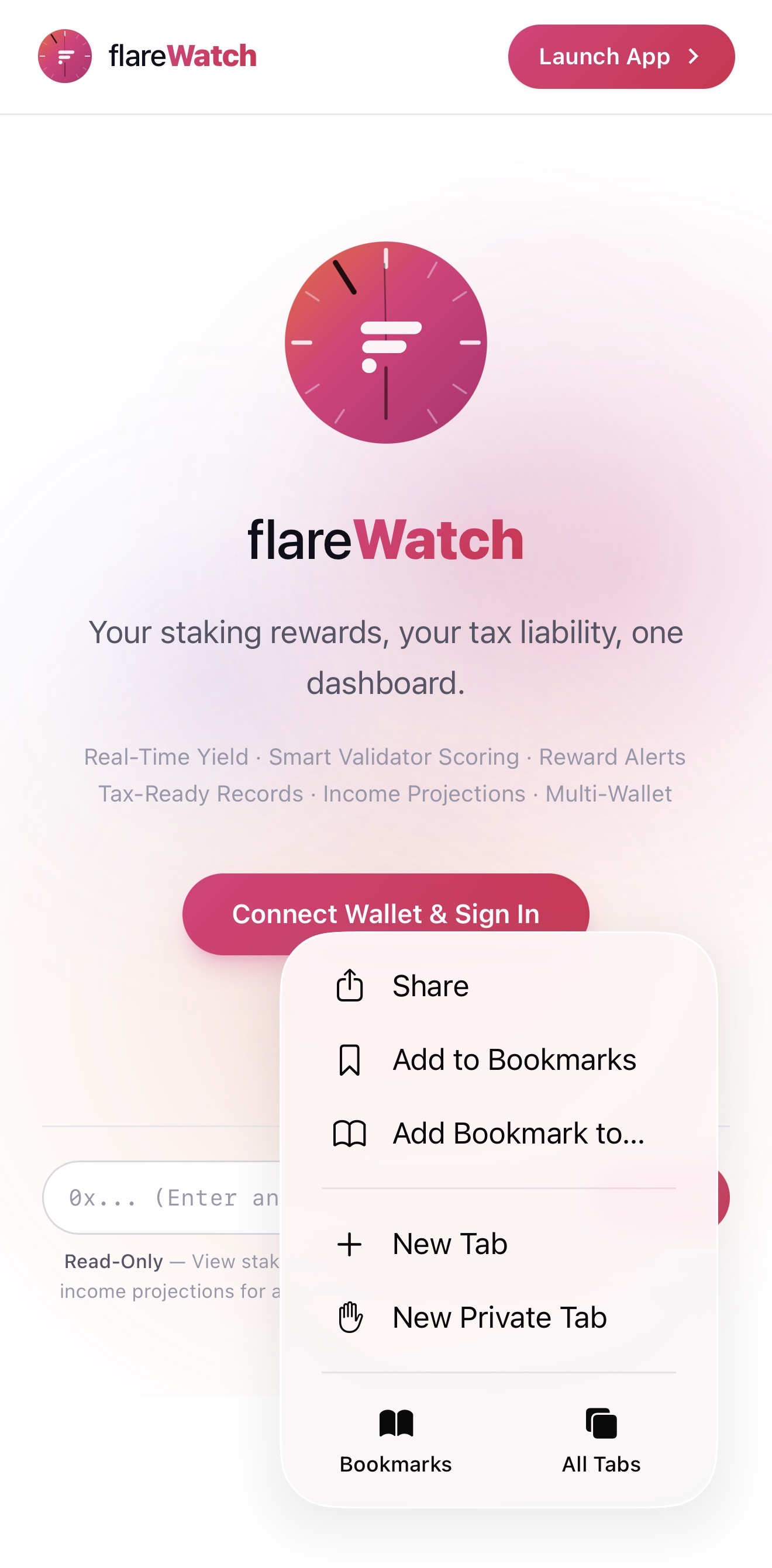 Safari share menu opening from the FlareWatch landing page on iPhone