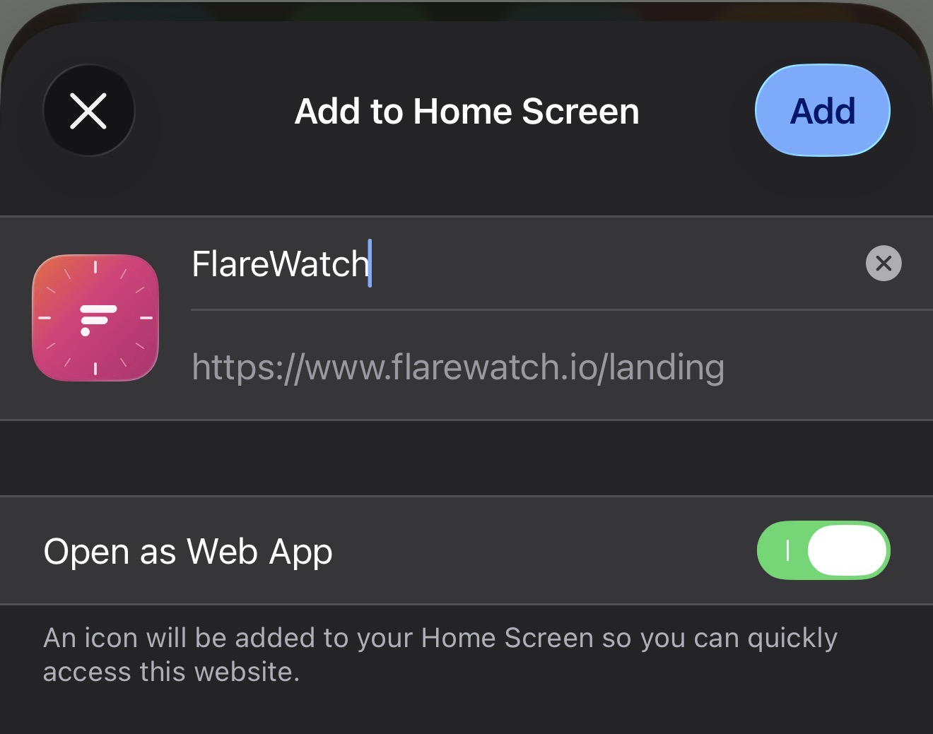 Add to Home Screen confirmation dialog with "Open as Web App" toggle on